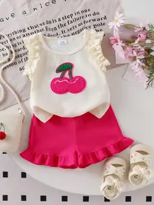 Baby Girl Summer Fashion 2-Piece Set, Embroidered Cherry Vest Top with Wooden Trimming, Elastic Waistband Casual Shorts, Sleeveless Blouse