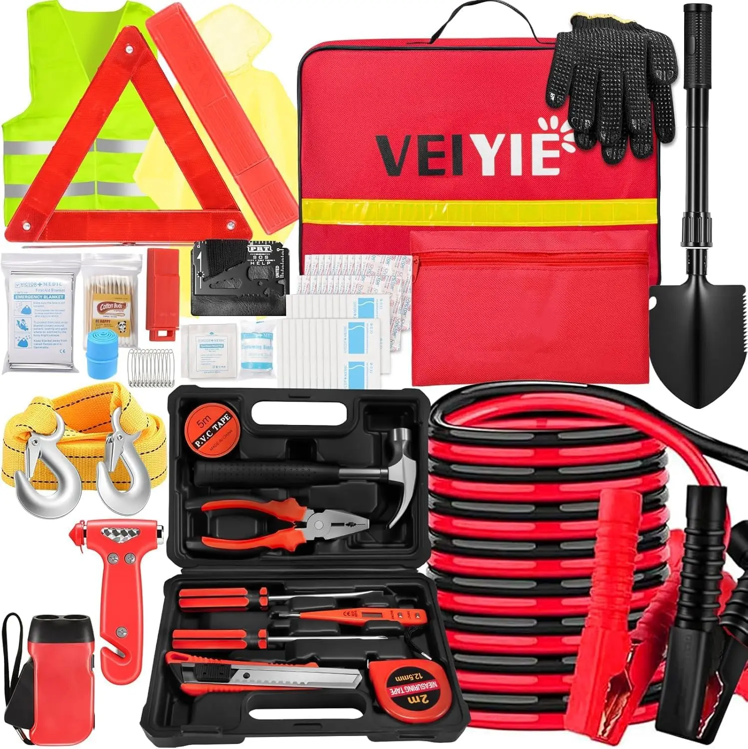 【TikTokShopBackToSchool】Roadside Car Emergency Kit, Winter Car Safety Kit with 10FT Jumper Cables, Tow Strap, Tool Kit, Reflective Warning Triangle, Road Trip Essentials, for New Drivers, Teens