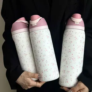 Floral Pattern Insulated Water Bottle, 1 Count Portable 24oz-32oz-40oz Stainless Steel Vacuum Flask with Straw, Vacuum Insulated Tumbler, Summer Cool Bottle Drinking Cup for Home Office School, Insulated Travel Drinkware, Insulated Cups, Thermo Tumbler