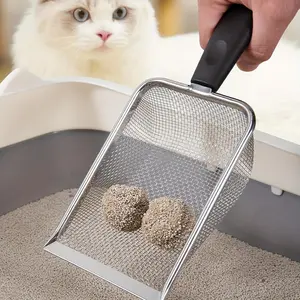 1PCS-Cat Litter Scoop, Stainless Steel Cats Sturdy Mesh Scooper Kitty Litter Scoop Long Handle Scooper Shovel Sifter for All Litter Types Metal Cat Scooper for Litter Box