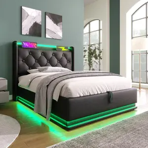 【Bellemave】Twin / Full /Queen/King size Upholstered bed, 360 surround LED function, Buttons/Apps/Remote Control, hydraulic storage bed with USB Type-C charging, Black, PU