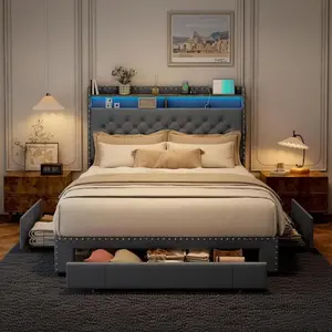 Bed Frame with Storage Drawers and Charging Station, Velvet Upholstered Platform Bed Frame, 2-Tier Storage Headboard, LED Lights, Wood Slats