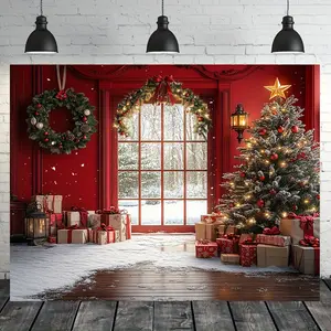 Extra Large Winter Christmas Backdrop Banner, 1PC 8x6ft (243.84x182.88cm) Weatherproof Polyester Frameless Print, Snowy Window & Christmas Tree Design, Durable Home Decor for Outdoor Use & Birthday Decor, No Electricity Needed, Banners