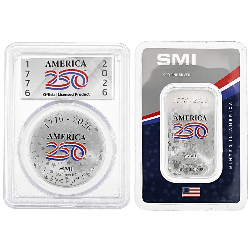 America250 Commemorative Silver Set, .999 Fine Silver 1 oz Medallion and Ingot Bar, 2-Piece Semi-Finished Bullion, Semi-Finished Silver