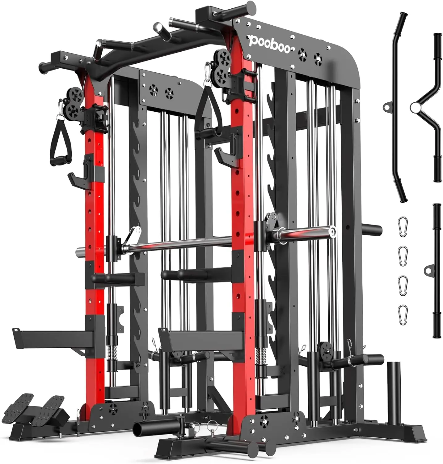 Pooboo Power Cage, Heavy-Duty 2000LB Alloy Steel Squat Rack for Home Gym Strength Training with LAT Pulldown System, Cable Crossover, Dip Bars & Landmine Attachment, Barbell Bar