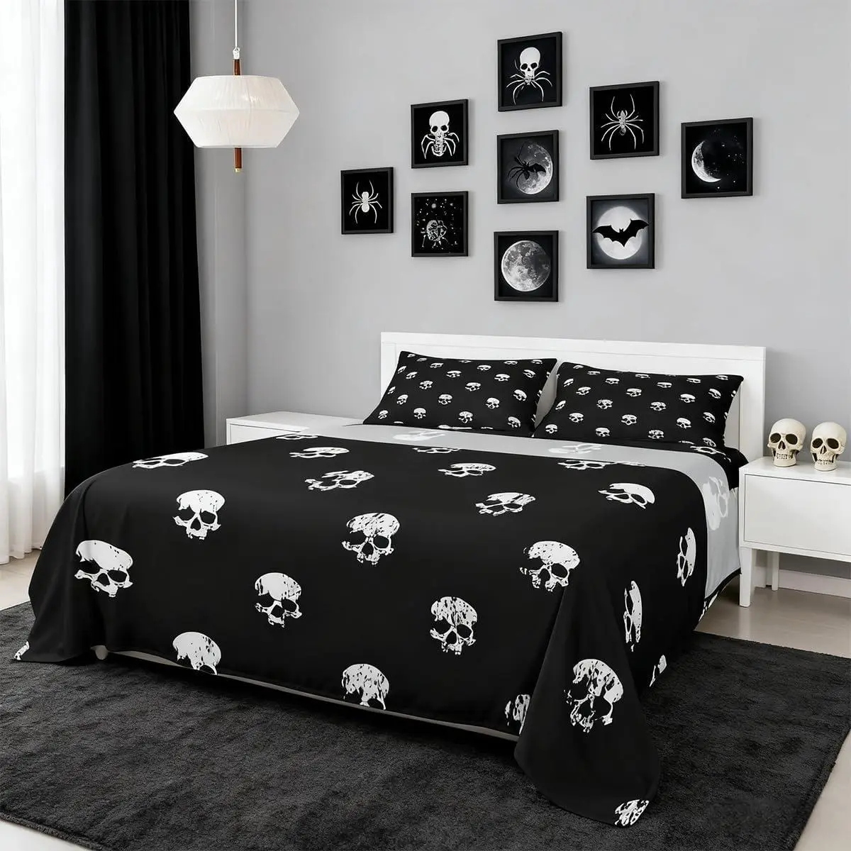 White Skull Bed Sheet Set 4 Piece,Gothic Skeleton Graffiti Sheets Bed Set,Black and White Bedding Set with Flat,Fitted Sheet