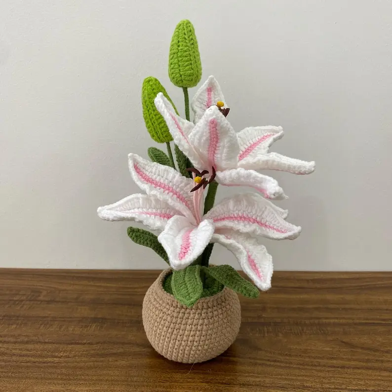 Crochet Flowers in Pot Artificial Lily Flowers Knitted Flower, Handmade flowers for Home Room,  crochet lily in pot
