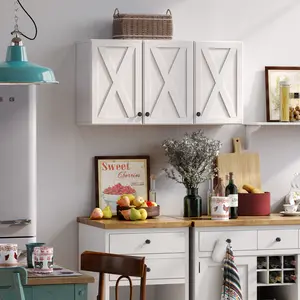 35in White Farmhouse Cupboard - 3-Sliding-Door Wall Storage Cabinet with X-Line Paneling, Space-Saving Indoor Kitchen Furniture
