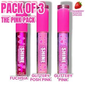 3 Pack Pink Lipgloss Bundle - Fuchsia Pink Lip Tint Oil, Glittery Light Pink & Glittery Posh Pink Lipgloss