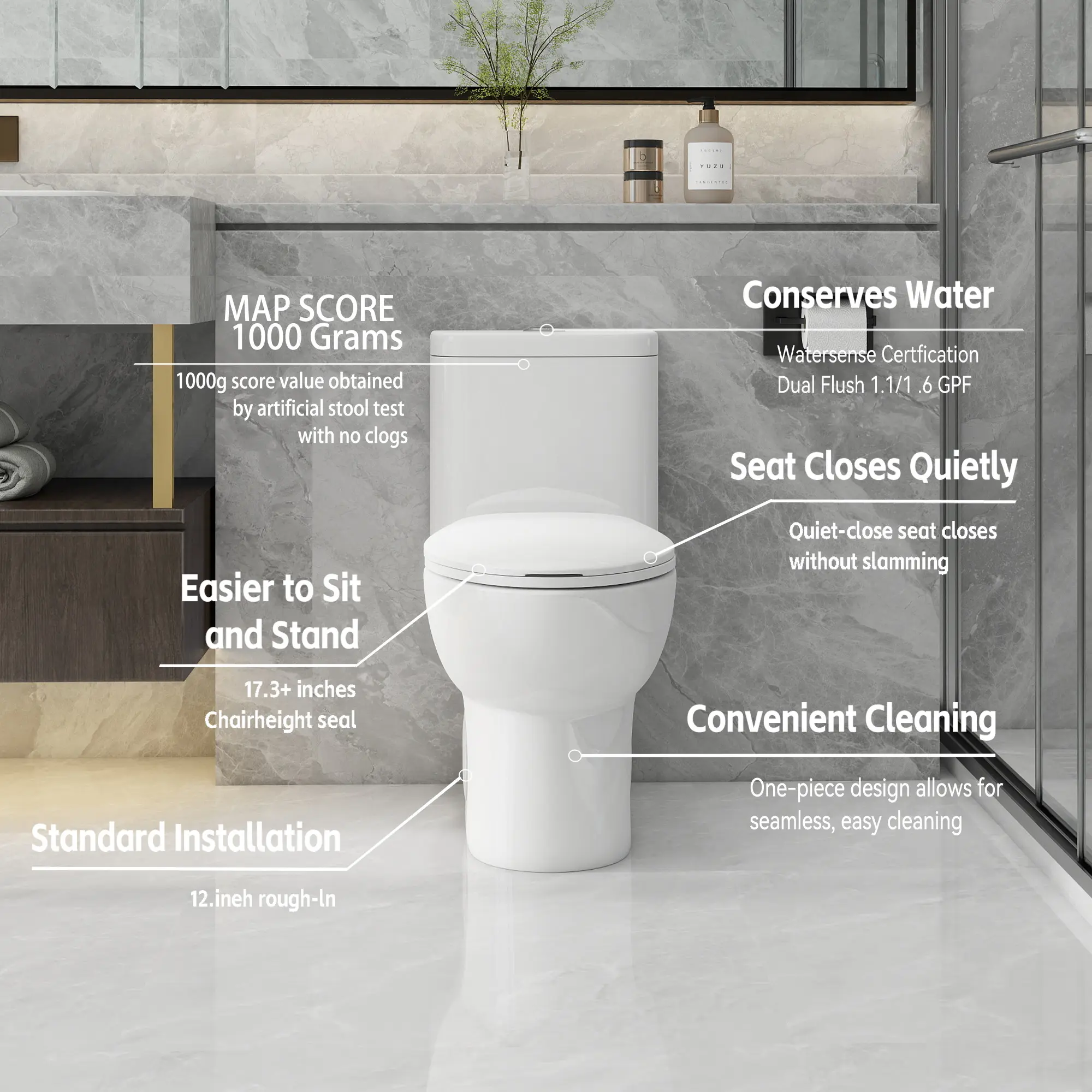 Gloss White One-Piece Elongated Toilet, 17"ADA Comfort Height, Seamless Skirted Design, WaterSense Tornado Dual Flush 1.1/1.6 GPF, 12" S-Trap, Quiet Soft-Close Seat