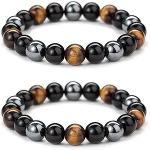 2 Count Hematite Black Obsidian Tiger Eye Stone Bracelets for Men Women 10mm Natural Round Gemstone Beads Beaded Healing Crystal Bracelet for Protection Good Luck