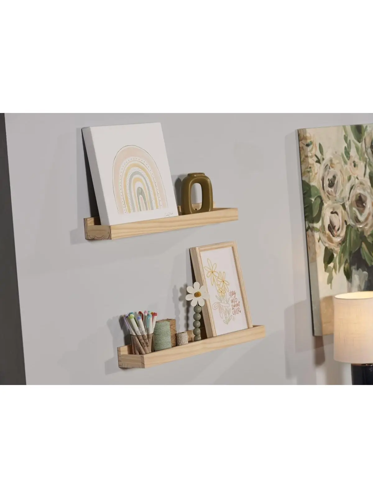 212 MAIN Unfinished Natural Pine Wood Floating Photo Shelf - 24in Wall-Mounted Shelf with Frames, 2lb Capacity, Natural Look for Home Decor & Photo Display (Duraline 2011525)