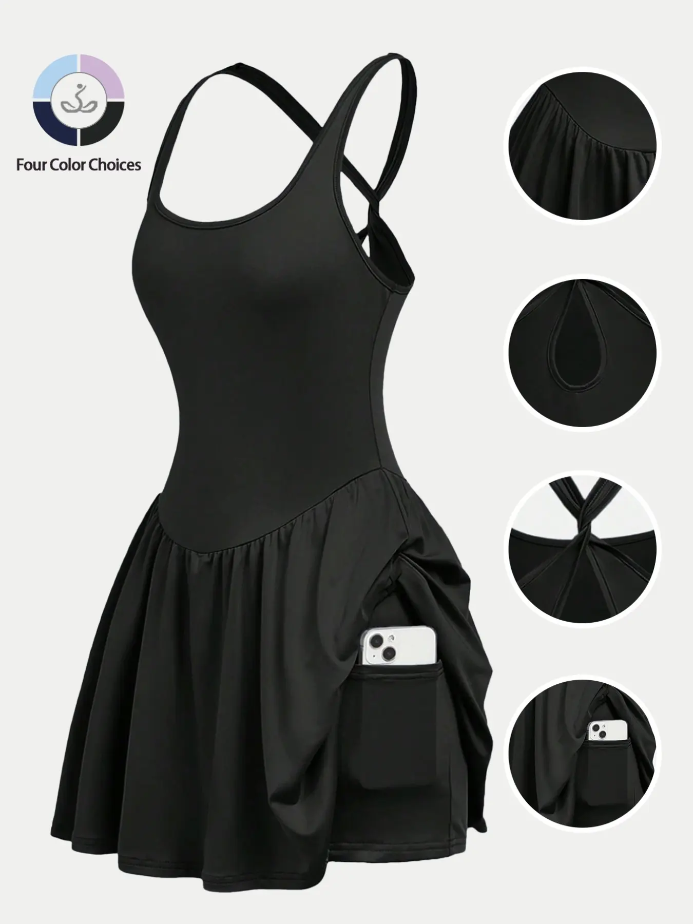 Women's Sleeveless 2-in-1 Tennis Golf Dress, Fitness Workout Dress with Built-In Shorts and Pockets, Waist Cinch Design, Dual-Layer Lining, Athletic Sports Dress