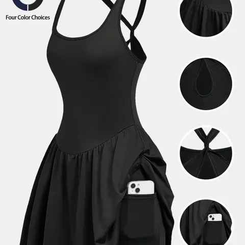 Women's Sleeveless 2-in-1 Tennis Golf Dress, Fitness Workout Dress with Built-In Shorts and Pockets, Waist Cinch Design, Dual-Layer Lining, Athletic Sports Dress, Active Dresses
