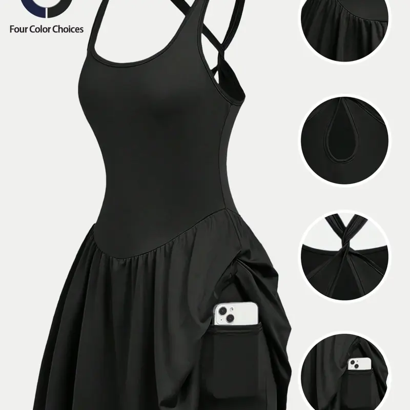 Women's Sleeveless 2-in-1 Tennis Golf Dress, Fitness Workout Dress with Built-In Shorts and Pockets, Waist Cinch Design, Dual-Layer Lining, Athletic Sports Dress, Active Dresses