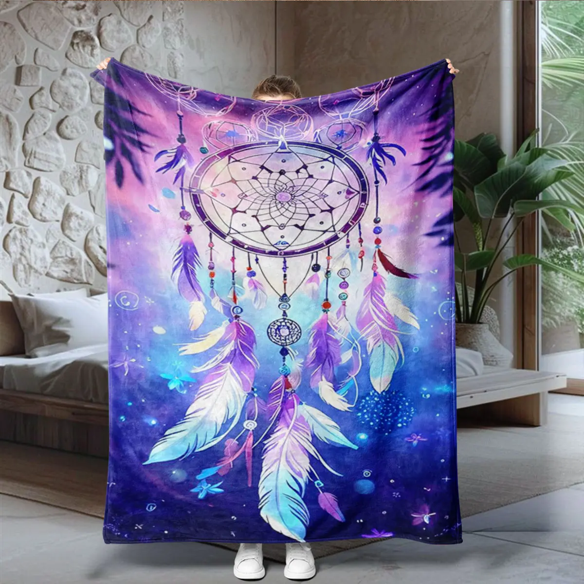 Starry Dreamcatcher Blanket, Blue Cloud Healing Throw, Suitable for Sofa Bed Office Camping, All-Season Comfort