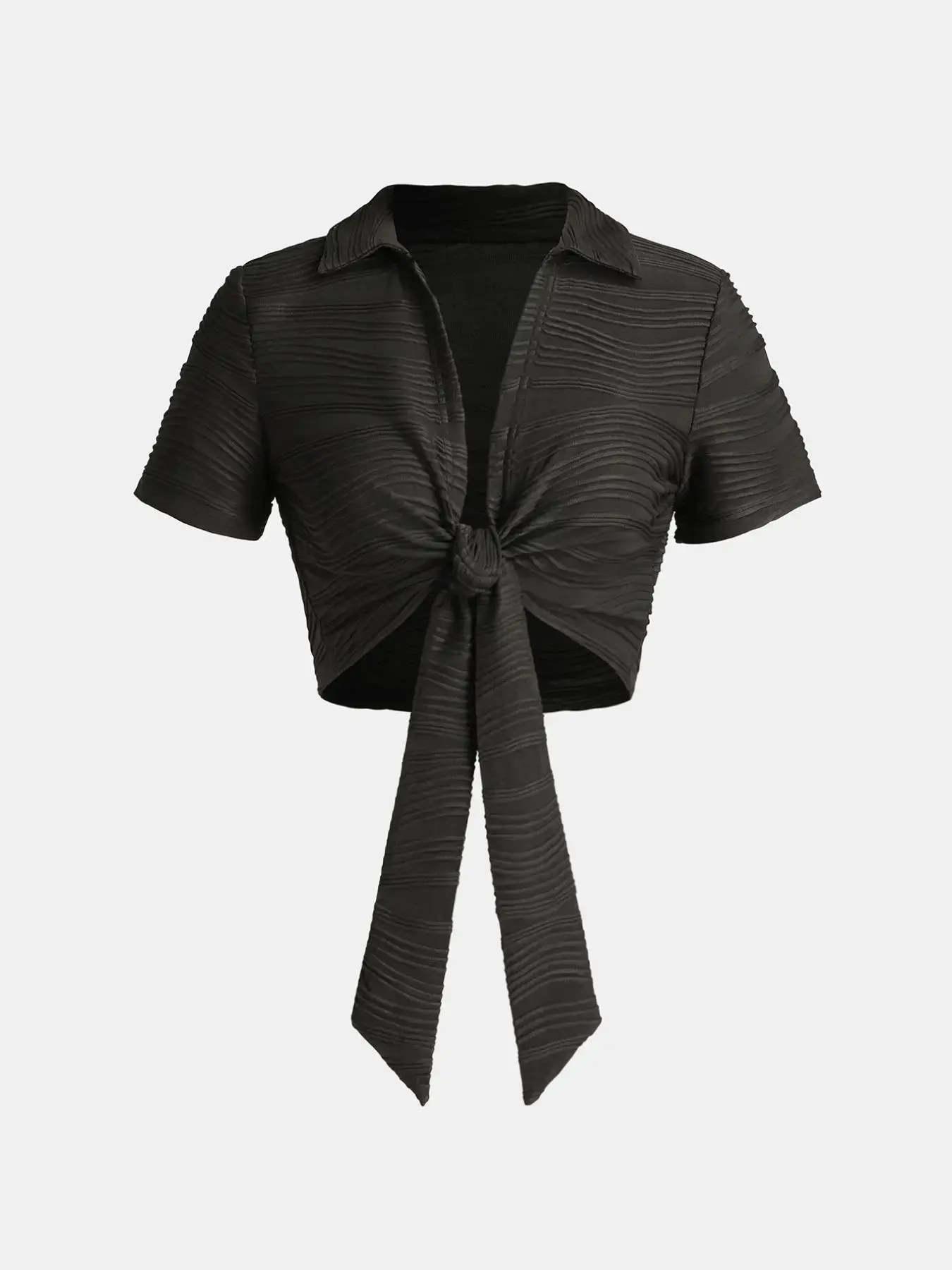 YOZY Textured Knot Front Crop Blouse & Elastic Waist Pants Set, Short Sleeve Collar Shirt & Straight Wide Leg Pants Matching Set, 2024 Women's Holiday & Vacation Wear for Summer