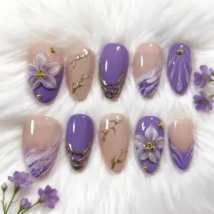 Handmade Lavender Silver Flower Press on Nails Set, French Tip Acrylic Nail Art Kit, Spring Summer Fairy Style Manicure