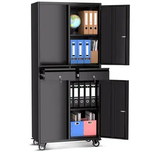 Garvee Metal Garage Storage Cabinet with 2 Drawers and Adjustable Shelves, Lockable Doors, Durable Tool Organizer for Efficient Workshop and Garage Storage