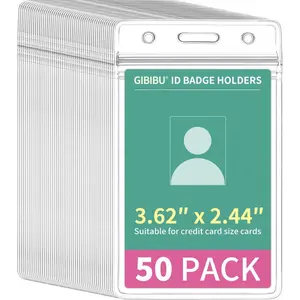 50 Pcs Vertical ID Badge Holder, Clear Plastic Card Sleeve, Nurses Work Name Tag Holders, Key Cover Protector with Waterproof Zip for Lanyard, Fits Credit Size Cards