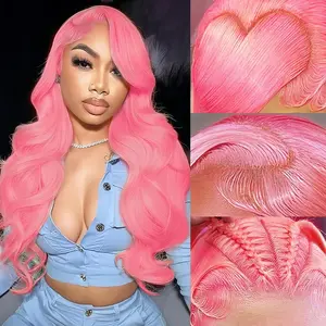 Pink Body Wave 13x6 HD Lace Front Wigs Human Hair Pre Plucked 180 Density Pink Human Hair Wig Color HD Lace Frontal 13x6 Body Wave Wig