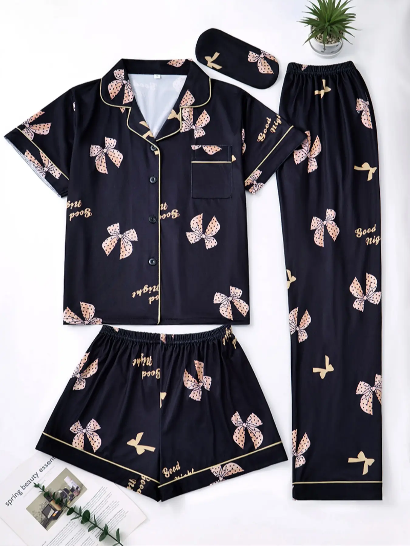 Women's Bow Print Knit Fitted Matching Pajama Set, Comfortable Sleepwear for All Seasons, Shirt & Shorts & Pants, Home Wear, Casual Nightwear, Loungewear, Feminine Pjs