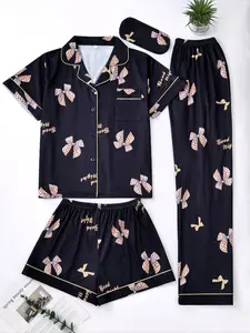 Women's Bow Print Pajama Set, Comfortable Sleepwear for All Seasons, Includes Top & Shorts/pants, Home Wear, Casual Nightwear