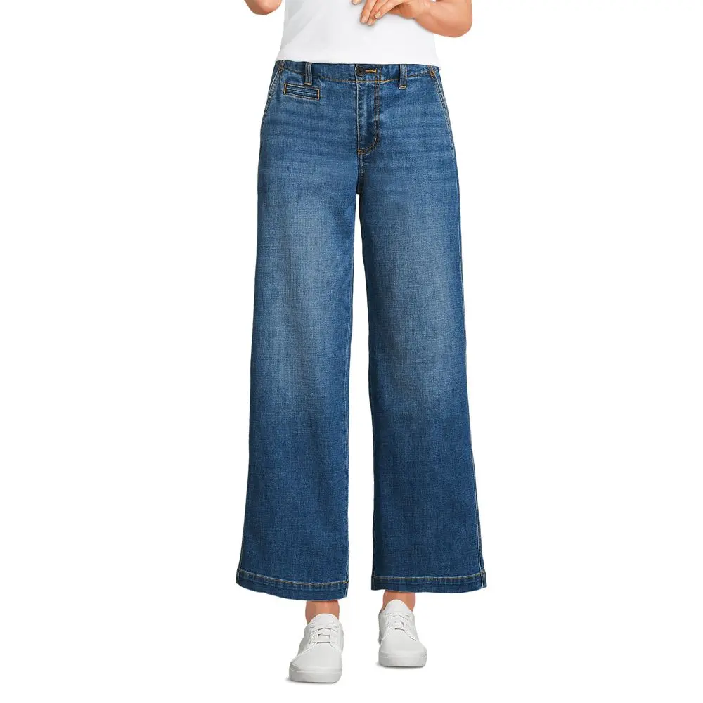 Lands' End Women's Mid-Rise Basic Denim Wide-Leg Ankle Bottoms with Belt, Zipper-Button Closure, Garment-Wash Finish, Slip-Resistant Design, Pockets, Flattering Fit, Stylish Indigo Tide Trouser