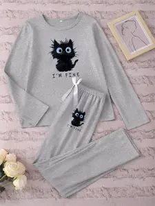 Women's Long Sleeve Pajama Set, Soft Knit Pajama, Matching Pj Set, Pyjamas, Cartoon Cat Print Animal Sleepwear, Fitted Casual Nightwear for Spring & Fall, Comfortable Home Wear, Loungewear