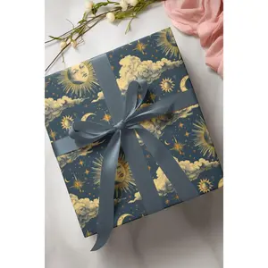 Vintage Blue Celestial Wrapping Paper with Moon, Sun, Clouds, Stars Design, Unique Present Wrapping for Special Occasions CLNAQ9