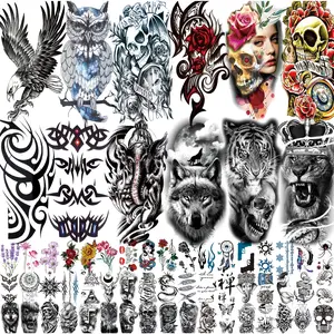 80 Sheets Temporary Tattoos Stickers, Fake Body Arm Chest Shoulder Tattoos for Men and Women Black Fake Skull Skeleton Tattoos Long Lasting