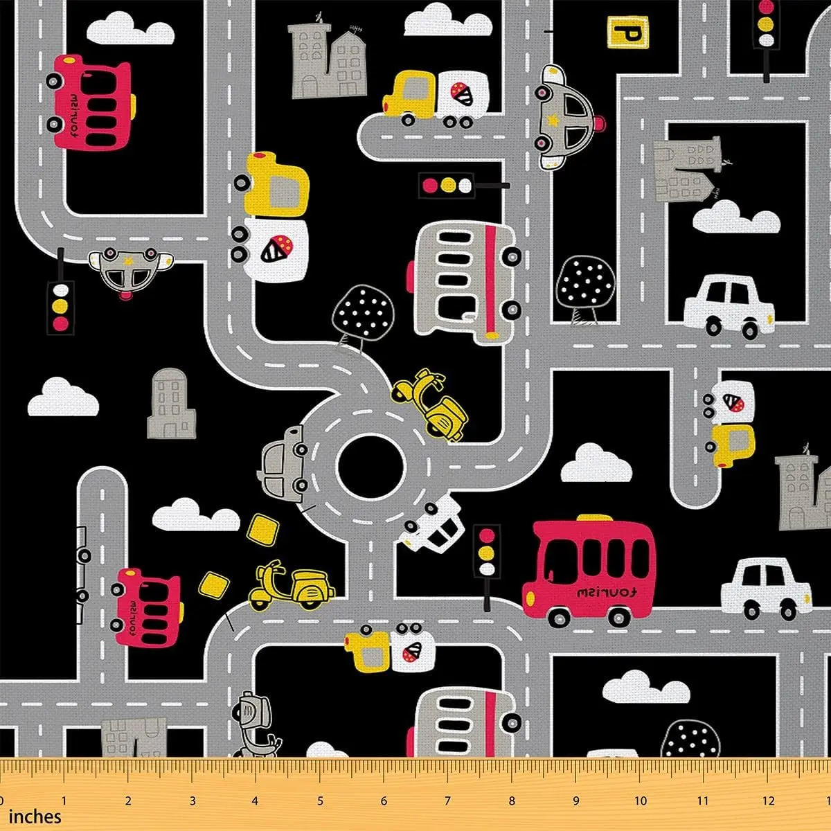 Cartoon City Map Fabric by The Yard,1 Yard,Car Race Track Print Waterproof Fabric,Rural Map Black Upholstery Fabric,Car Themed Reupholstery Fabric, Durable Performance Fabric