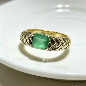 <PingEast jewelry > Emerald ring104--925 Silver Gold EastWest Ring with 4×5mm Stone | Engraved Wide Band | Certified