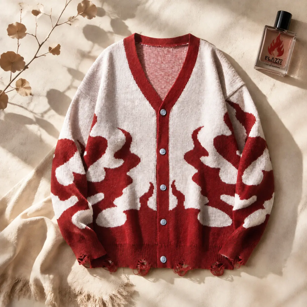 Men's Retro Fire Pattern Knit Cardigan, Stylish V-Neck Long Sleeve Soft Polyester Sweater for Holiday, Valentines Day, Pullover