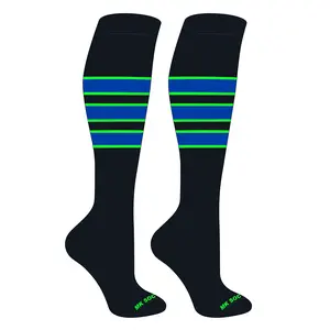 MK Socks Striped Knee High Baseball, Football Socks (C) Black, Neon Green, Royal