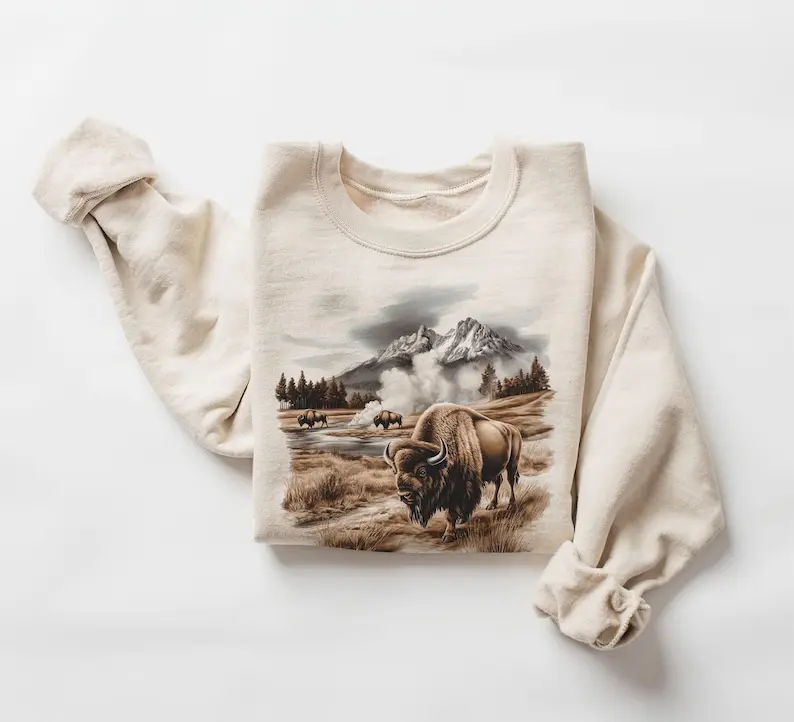 Women's Retro Bison Roaming Geyser Basin Crewneck Sweatshirt - 90s Bull Buffalo Mountain Wilderness Scene, Boho Pullover Top