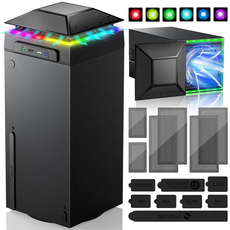 MENEEA RGB Cooling Fan with Dust Filter for Xbox Series X Gaming Items, 7 RGB LED Light Modes, Auto Temperature-Adjustable Speed, 3 Fan Speeds, Independent Touch Switches, Horizontal Cooling System, Silicone Console Cover, USB Charging Cable