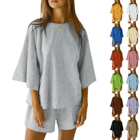FMEYOA Womens Casual Comfy 2 Piece Outfits 3/4 Sleeve Tops and Elastic Waist Shorts Lounge Sets Loungewear