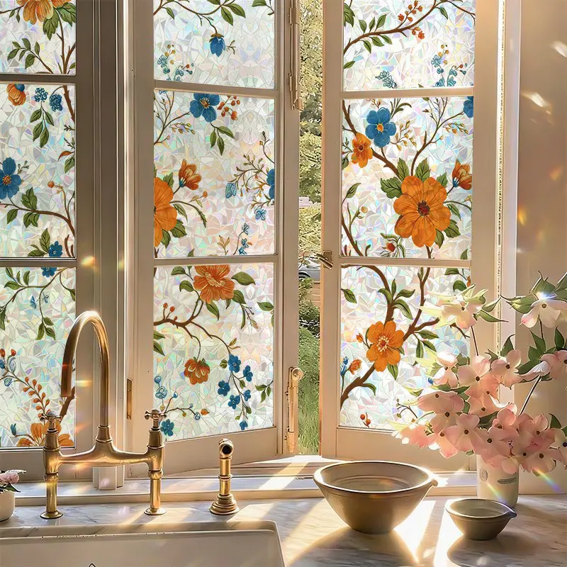 Durable Thick PVC Decorative Window Film - Retro Stained Glass Plaid Rainbow Design, Removable Traceless Privacy Cover, Glam Colorful Stickers for Home Bedroom Heat Protection