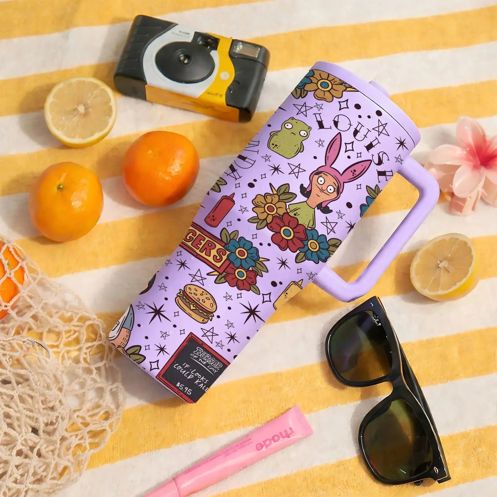 40 oz Insulated Hydration Tumbler with Handle & Lid, Leakproof Insulated Tumbler, Double-Wall Leak-Proof Stainless Steel Travel Mug, Keeps Drinks Hot for 12h and Cold for 24h, Cartoon Burger Print, Gift for Women & Men, Insulated Travel Drinkware