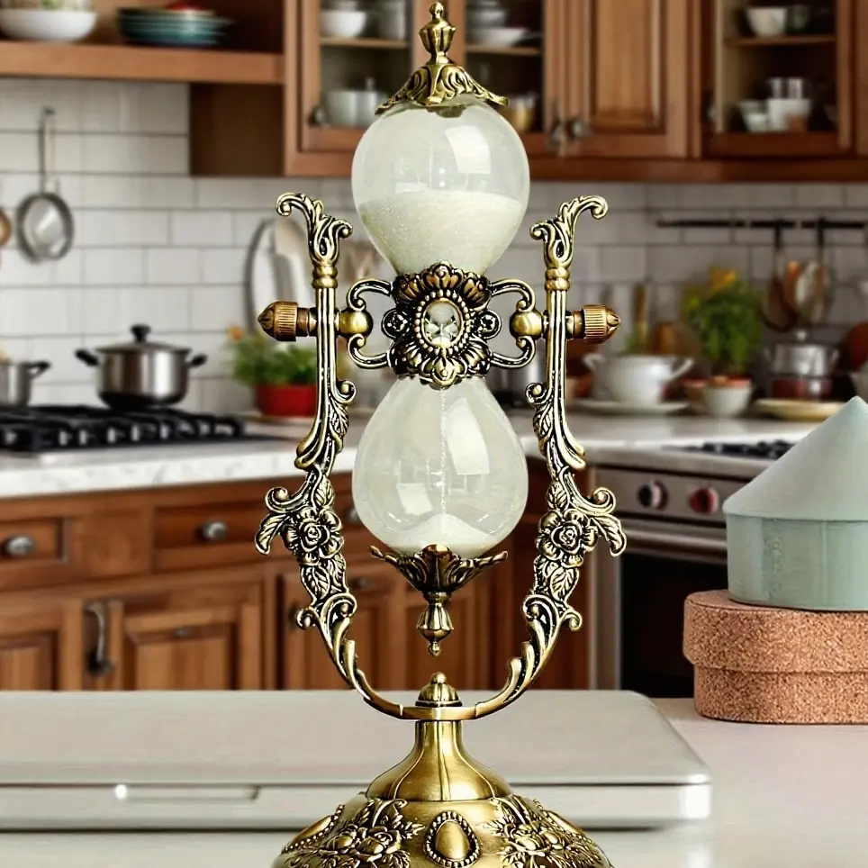 Brass Decorative Sand Timer with Vintage Carved Frame, Rotating Metal Hourglass for Kitchen, Unique Home Office Desk Gift, Home Decor Accessory, Indoor Room Decor