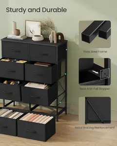 Dresser for Bedroom, Chest of Drawers, Steel, MDF, 8 Non-Woven Fabric Drawers, Storage Organizer Unit, Closet, Entryway, Ink Black and Ebony Black