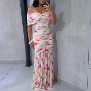 CHICME Women's Floral Print Foldover Off Shoulder Ruched Maxi Summer Dress/Tropical Outfits/Bump friendly fashion Elegant Mermaid Hem Party Dress
