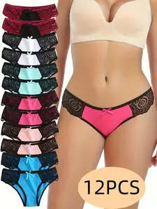 12PCS, Seamless Women's Daily Sports Underwear, Low Waist Comfortable Cotton Splicing Triangle Pants, Lace Lace Bow Underwear Underwear Bridal Lingerie Lady Womenswear Panties