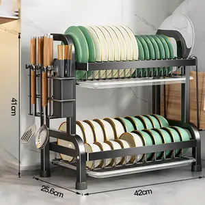 Stainless Steel Kitchen Storage Rack, 1 Count Double Layer Dish Drying Rack With Drain Board, Multifunctional Kitchen Organizer For Bowl & Dish, Drainboard Dish Drainers, Dish Drying Organiser