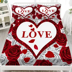 3-Piece Heart Love Print Bedding Set, Soft Fashionable Bedroom or Guest Room Quilt Cover, Decorative Bedding Set - Includes 1 Fitted Sheet + 2 Pillowcases