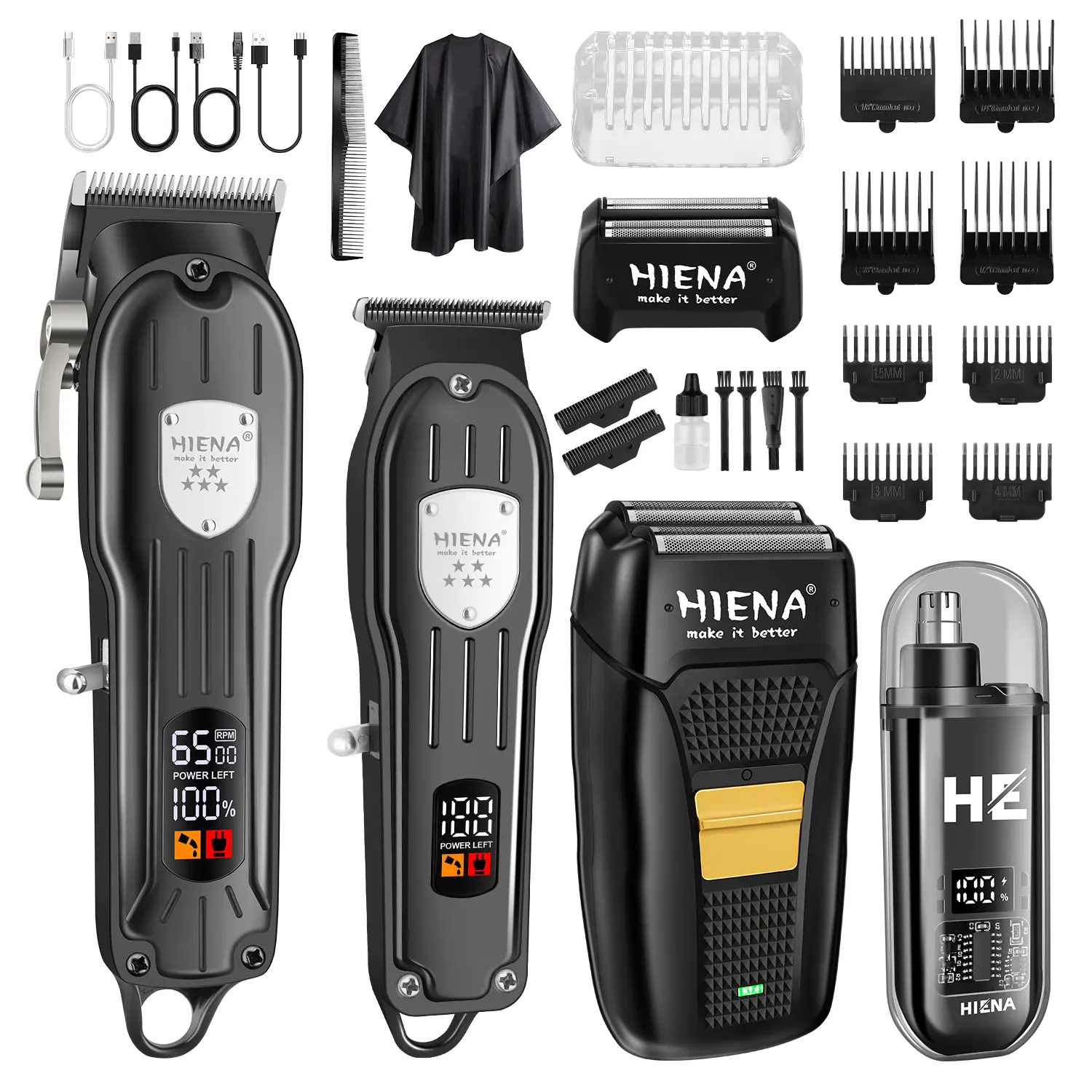 HIENA Professional Multifunctional Hair Clipper Kit (Hyn-208+038+303+B001) 2000mAh Rechargeable Cordless Barber Equipment, Electric Foil Shaver, Beard Trimmer, Ear Nose Hair Trimmer & Face Grooming Tool for Youth, Black, Multifunctional Hair Trimmer
