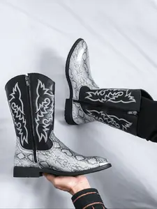 Men's Western Cowboy Boots, Cowboy Style Embroidered Decor High Top Zipper Knight Pointed Toe Boots, Stylish Men's Footwear for Casual Wear