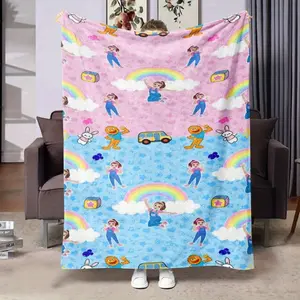 Rachel Cartoon Pattern Flannel Blanket Ultra Soft Skin Friendly Cozy Warm Blue Pink Splicing All Season Machine Washable Multipurpose Bedroom Couch Sofa Throw Decor Decorative Throw Perfect Birthday Gift Christmas Gift for Fans Viral Must Have Stylish
