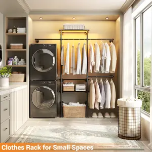 87"W Industrial Pipe Clothing Racks with LED Lights & Open Shelves,Reversible Sturdy Walk-in Closet Oraganizer System Garment Wardrobe Rack